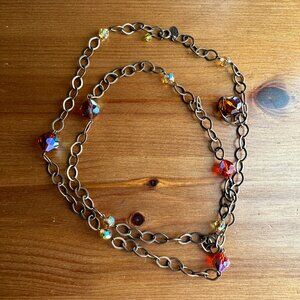 Vintage LIZ PALACIOS S.F. Bronze Orange Red Crystal Chain Necklace 42 inch Long